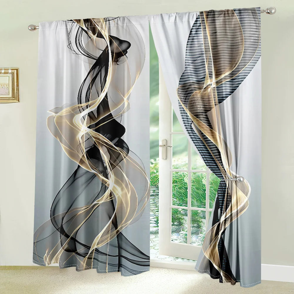 2 Pcs Abstract Art Curtains Black Gold Streamline Pattern Living Room Bedroom Window Decorative Curtains Modern Minimalist Style    Home Decor Supply | Online Retail | ShoreShopper.com