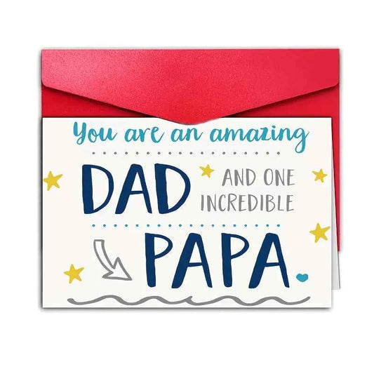 A humorous Father's Day card, designed as 'Amazing Dad and Incredible Father,' a thank-you gift for dad
