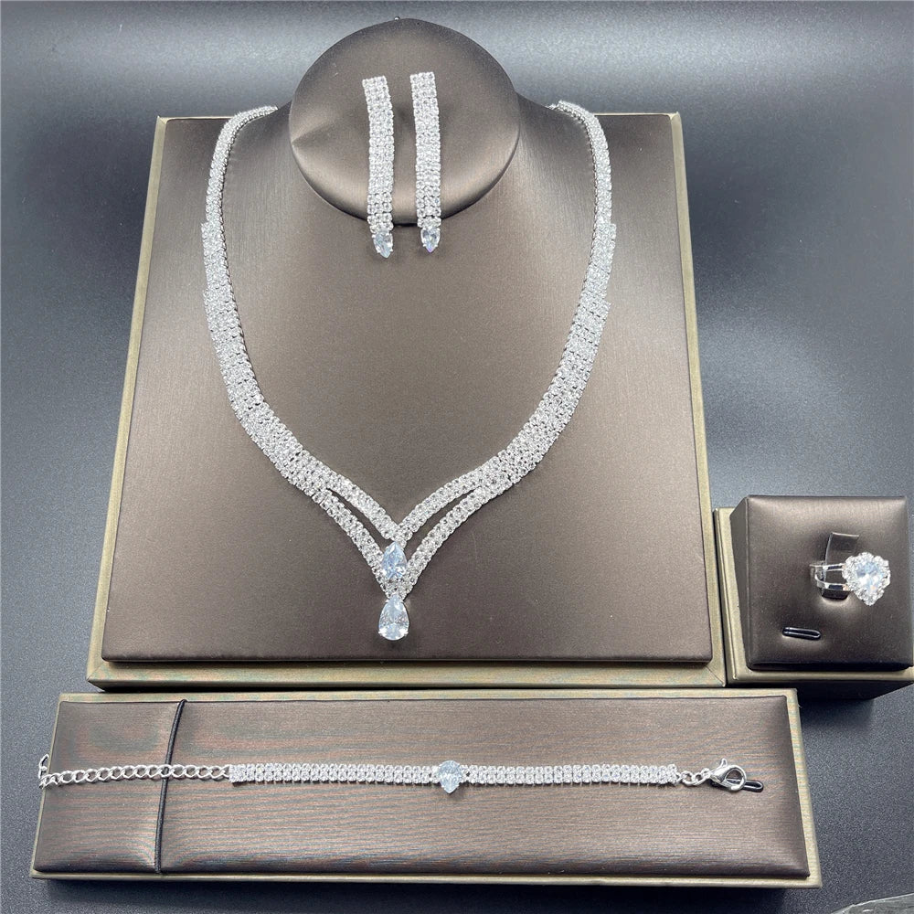 Fashion Crystal Bridal Jewelry Sets Silver Color Geometric Choker Necklace Earrings Bracelet Ring Four-piece Wedding Jewelry Set    Home Decor Supply | Online Retail | ShoreShopper.com