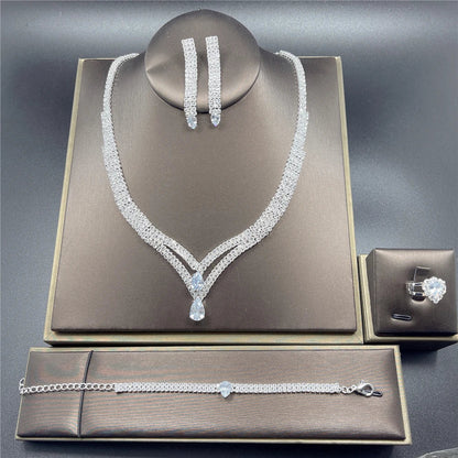Fashion Crystal Bridal Jewelry Sets Silver Color Geometric Choker Necklace Earrings Bracelet Ring Four-piece Wedding Jewelry Set    Home Decor Supply | Online Retail | ShoreShopper.com