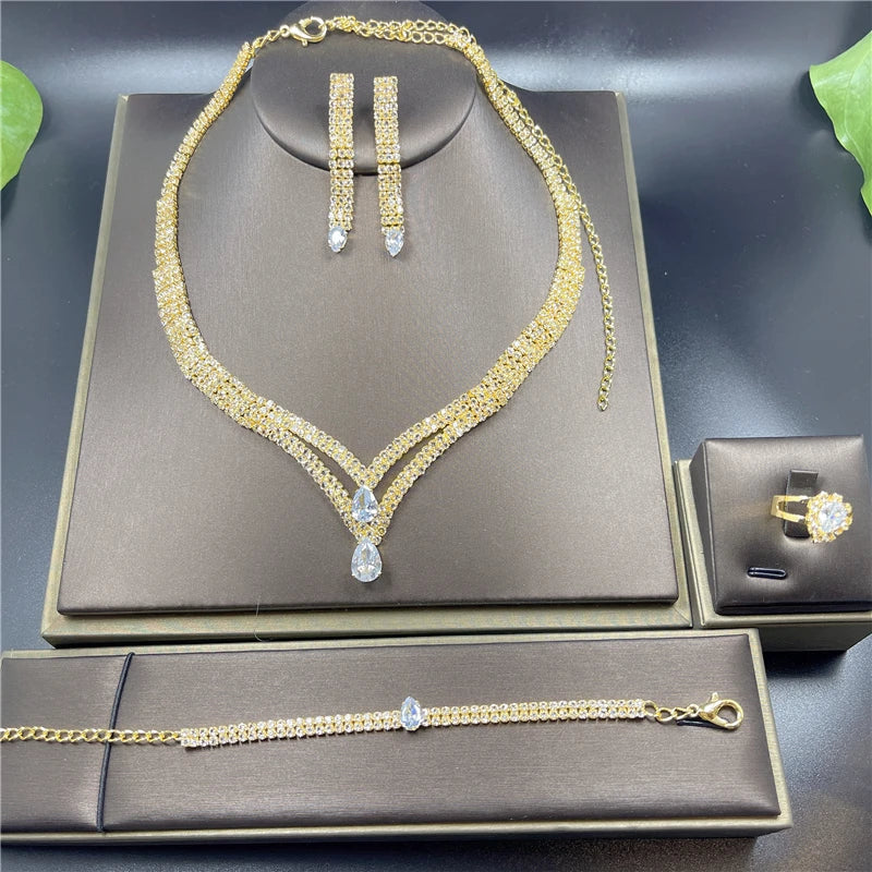 Fashion Crystal Bridal Jewelry Sets Silver Color Geometric Choker Necklace Earrings Bracelet Ring Four-piece Wedding Jewelry Set    Home Decor Supply | Online Retail | ShoreShopper.com