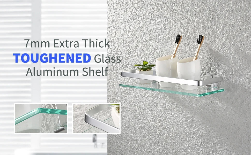 Tempered Glass Bathroom Shelf Aluminum Storage Rack Rectangular 30 40 50cm 1 Tier Silver Sand Sprayed Wall Mounted    Home Decor Supply | Online Retail | ShoreShopper.com