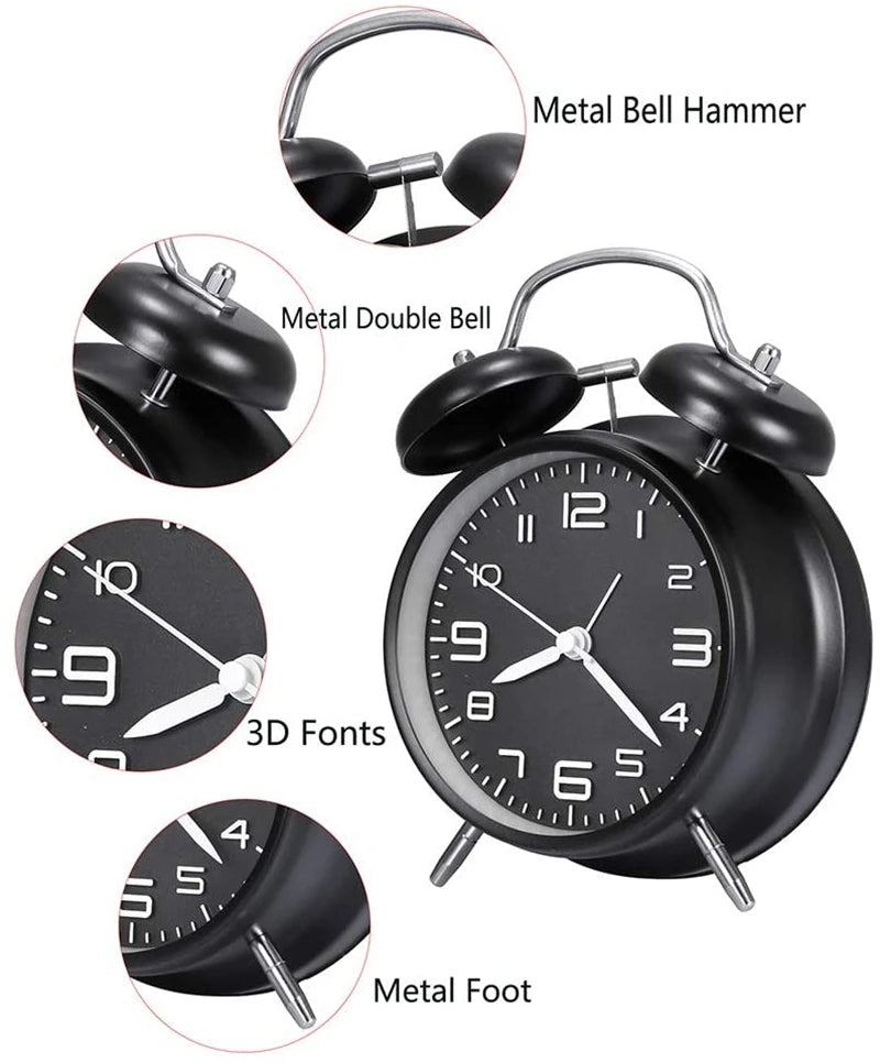4 Inch Twin Bell Loud Alarm Clock Metal Frame 3D Dial with Backlight Battery Operate Desk Table Alarm Clock For Home and Office    Home Decor Supply | Online Retail | ShoreShopper.com