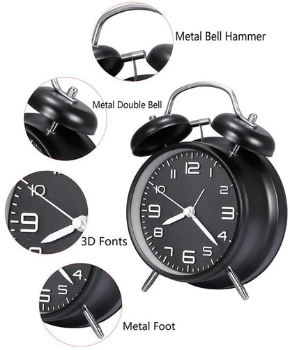 4 Inch Twin Bell Loud Alarm Clock Metal Frame 3D Dial with Backlight Battery Operate Desk Table Alarm Clock For Home and Office    Home Decor Supply | Online Retail | ShoreShopper.com