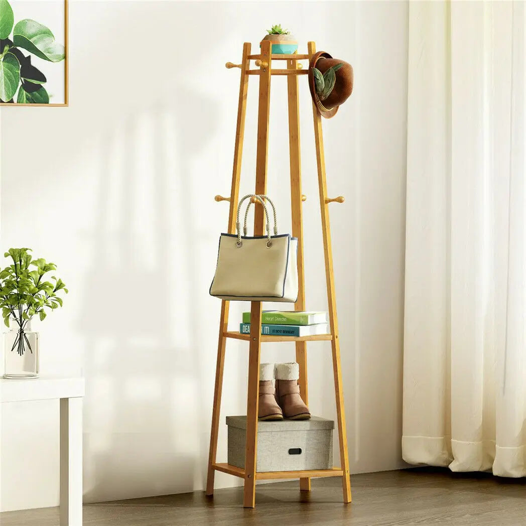 Bamboo Coat Rack Free Standing 2-Shelves Clothing Storage Garment Organizer Stand with 8 Hooks Clothes Poles 55kg Load-bearing f    Home Decor Supply | Online Retail | ShoreShopper.com