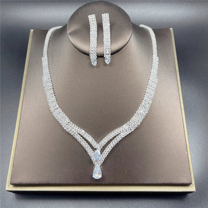 Fashion Crystal Bridal Jewelry Sets Silver Color Geometric Choker Necklace Earrings Bracelet Ring Four-piece Wedding Jewelry Set    Home Decor Supply | Online Retail | ShoreShopper.com