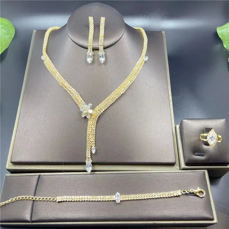 Fashion Crystal Bridal Jewelry Sets Silver Color Geometric Choker Necklace Earrings Bracelet Ring Four-piece Wedding Jewelry Set    Home Decor Supply | Online Retail | ShoreShopper.com
