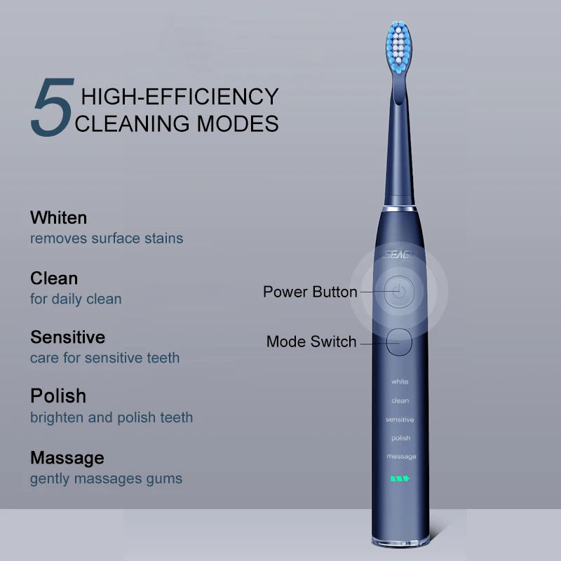 Seago Electric Sonic Toothbrush USB Rechargeable Adult 360 Days Long Battery Life IPX7 4 Replacement Heads Travel Box  SG-575 - ShoreCo.Shop