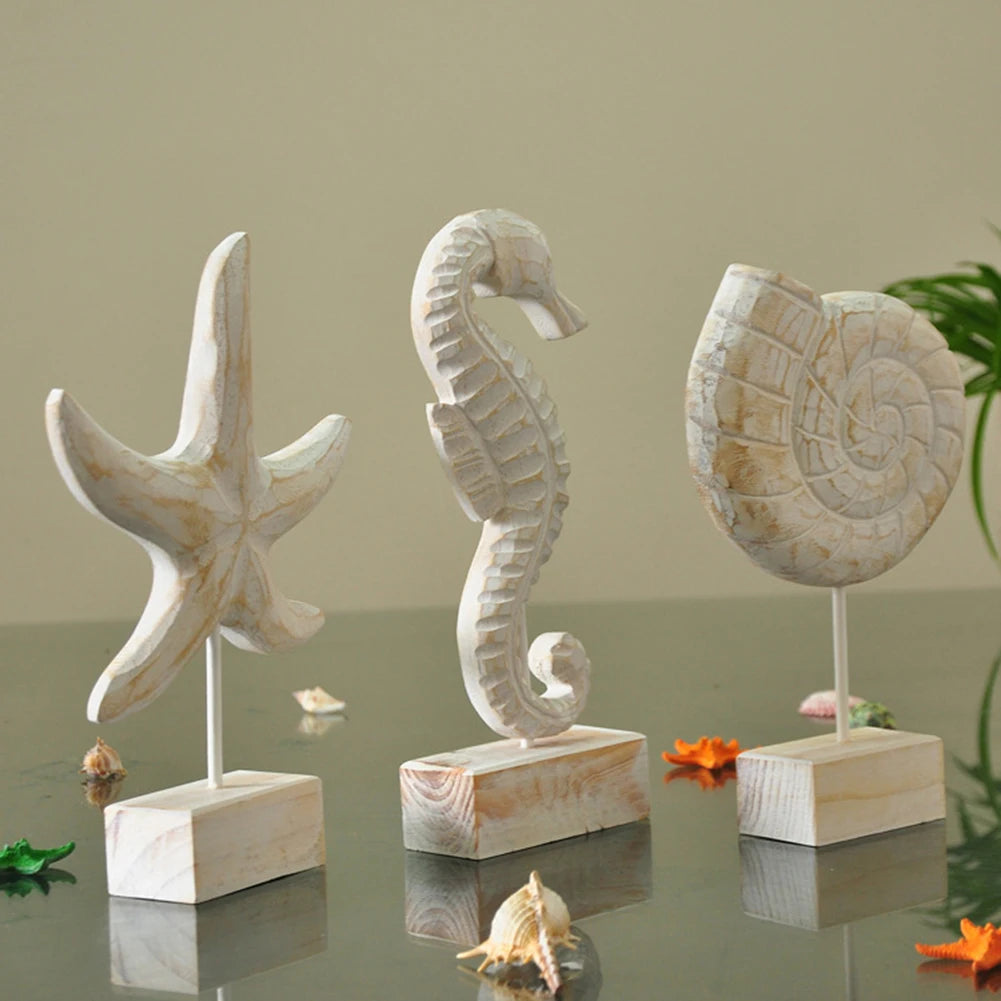 Mediterranean Style Wood Crafts Starfish Conch Hippocampus Wood Carving Marine Garden Decoration Ornaments Home Decoration - ShoreCo.Shop