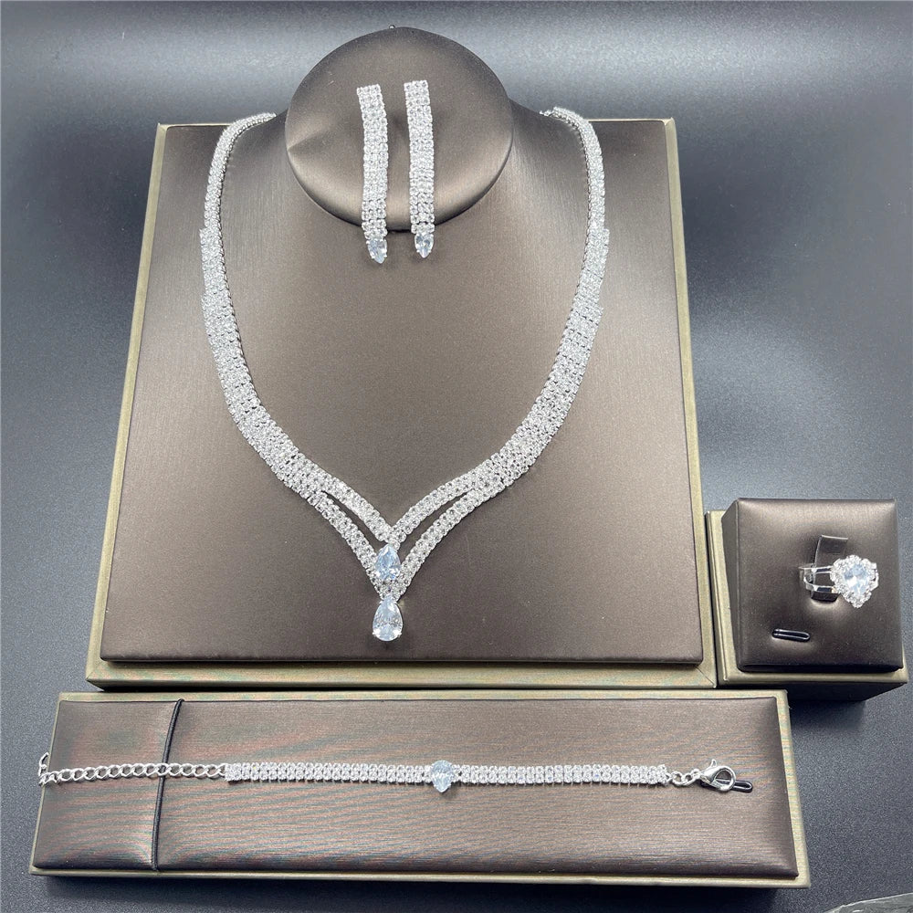 Fashion Crystal Bridal Jewelry Sets Silver Color Geometric Choker Necklace Earrings Bracelet Ring Four-piece Wedding Jewelry Set    Home Decor Supply | Online Retail | ShoreShopper.com