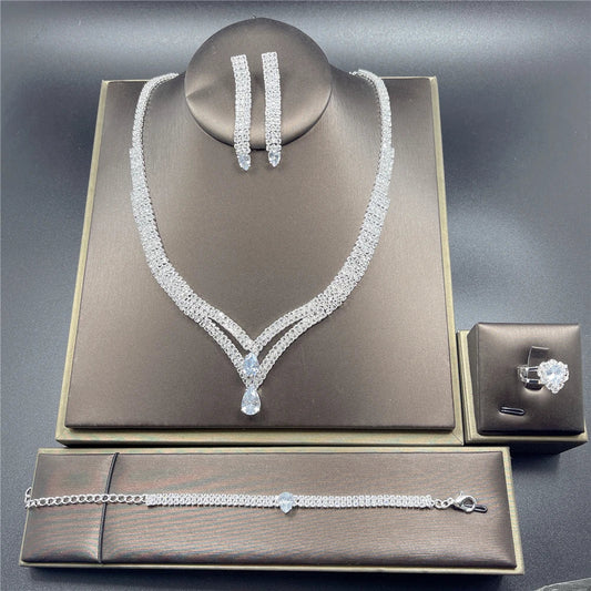 Fashion Crystal Bridal Jewelry Sets Silver Color Geometric Choker Necklace Earrings Bracelet Ring Four-piece Wedding Jewelry Set    Home Decor Supply | Online Retail | ShoreShopper.com