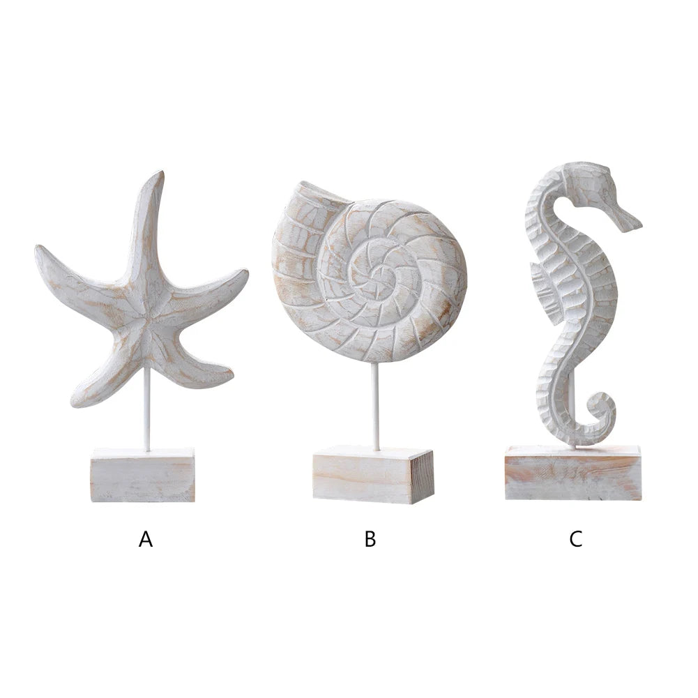 Mediterranean Style Wood Crafts Starfish Conch Hippocampus Wood Carving Marine Garden Decoration Ornaments Home Decoration - ShoreCo.Shop