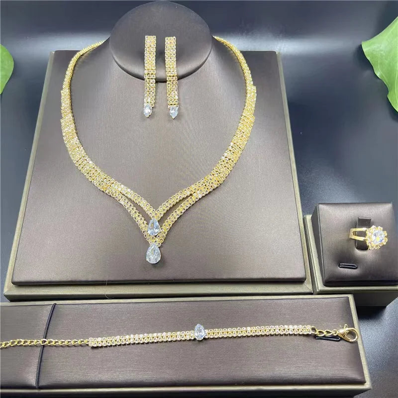 Fashion Crystal Bridal Jewelry Sets Silver Color Geometric Choker Necklace Earrings Bracelet Ring Four-piece Wedding Jewelry Set    Home Decor Supply | Online Retail | ShoreShopper.com