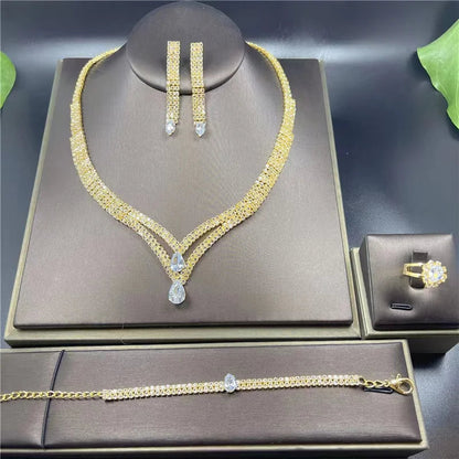 Fashion Crystal Bridal Jewelry Sets Silver Color Geometric Choker Necklace Earrings Bracelet Ring Four-piece Wedding Jewelry Set    Home Decor Supply | Online Retail | ShoreShopper.com