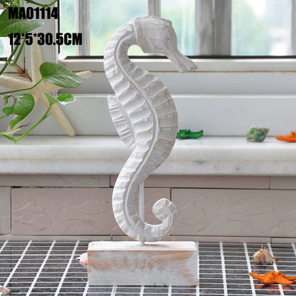 Mediterranean Style Wood Crafts Starfish Conch Hippocampus Wood Carving Marine Garden Decoration Ornaments Home Decoration - ShoreCo.Shop