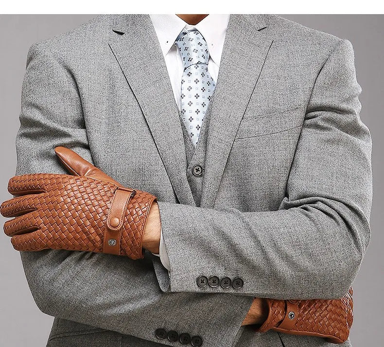 RY025NN 2025 New Spring/Winter Male Real Leather Short Gloves Man Suede Knitted Black/Brown Lambskin Cold Proof Mittens Mex Luva - ShoreCo.Shop