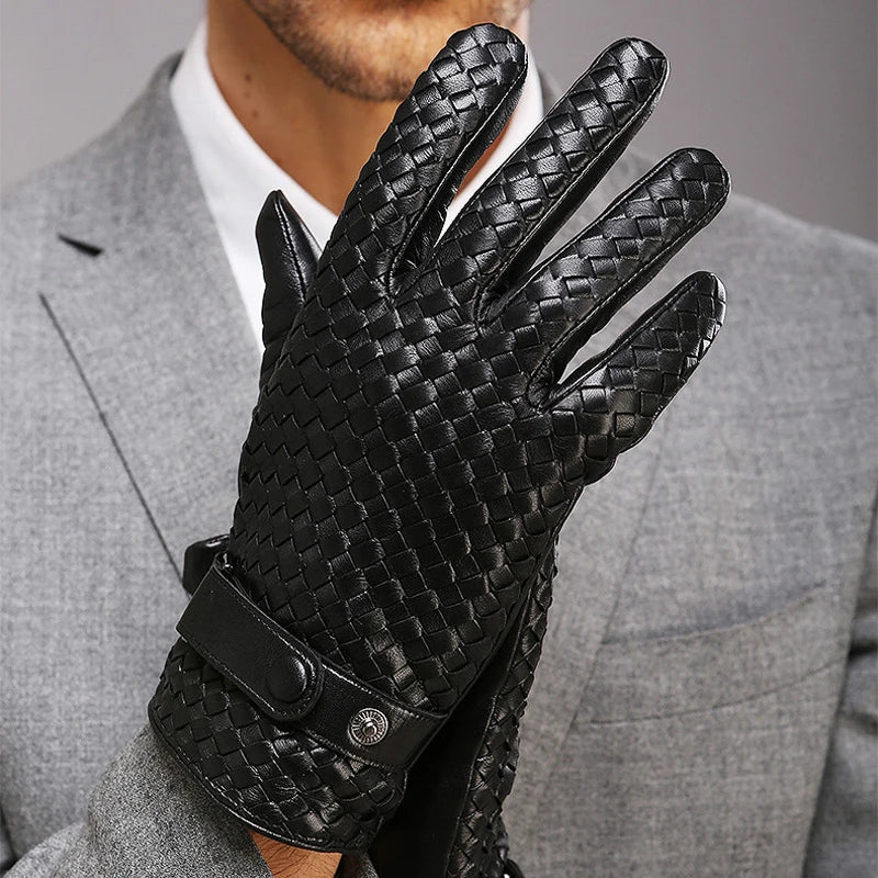 RY025NN 2025 New Spring/Winter Male Real Leather Short Gloves Man Suede Knitted Black/Brown Lambskin Cold Proof Mittens Mex Luva - ShoreCo.Shop