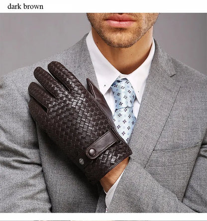 RY025NN 2025 New Spring/Winter Male Real Leather Short Gloves Man Suede Knitted Black/Brown Lambskin Cold Proof Mittens Mex Luva - ShoreCo.Shop
