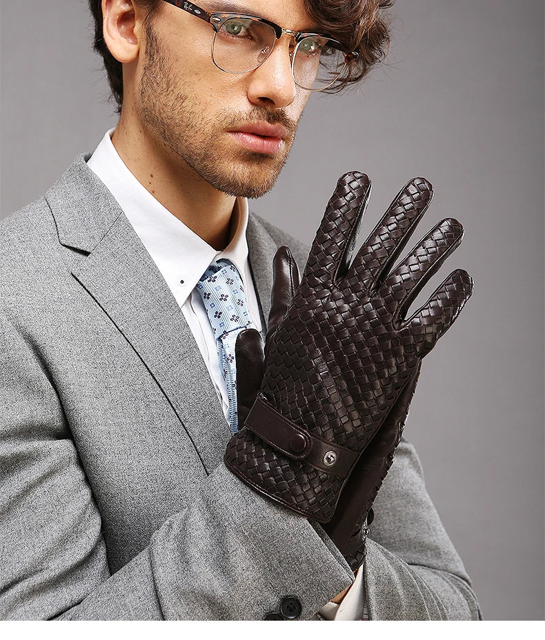 RY025NN 2025 New Spring/Winter Male Real Leather Short Gloves Man Suede Knitted Black/Brown Lambskin Cold Proof Mittens Mex Luva - ShoreCo.Shop