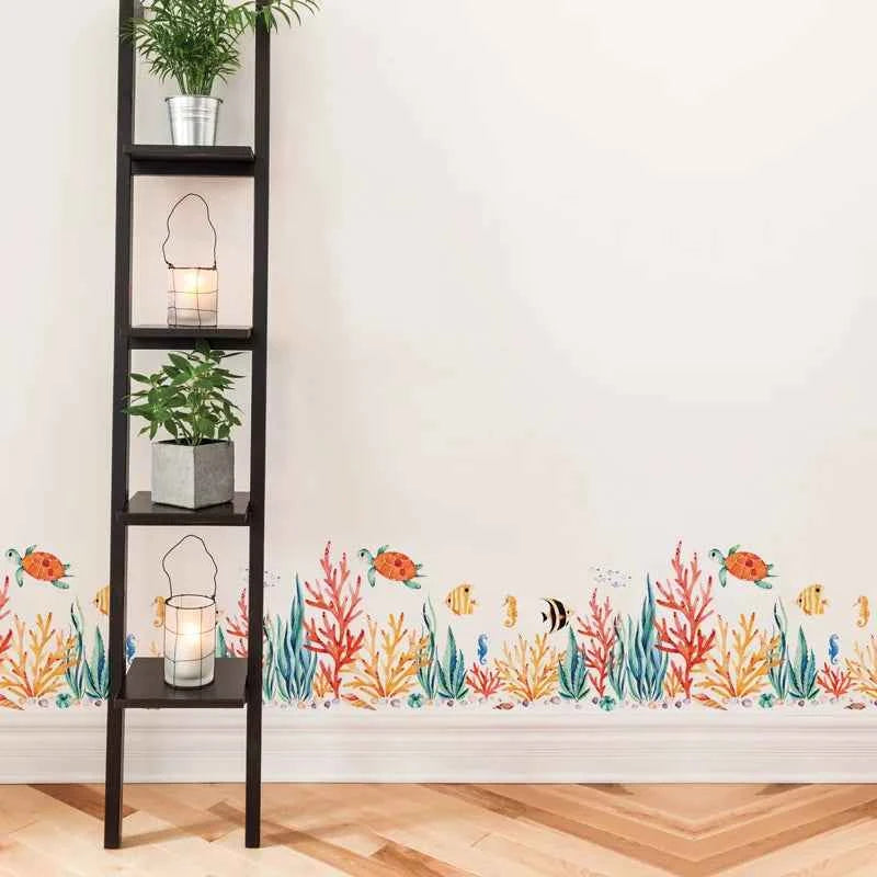 Baseboard Marine plants fish Wall Stickers kids rooms Art Living room Bedroom nursery home decor Mural Decal Removable sticker