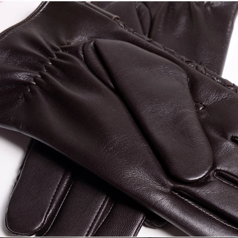 RY025NN 2025 New Spring/Winter Male Real Leather Short Gloves Man Suede Knitted Black/Brown Lambskin Cold Proof Mittens Mex Luva - ShoreCo.Shop