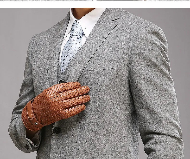 RY025NN 2025 New Spring/Winter Male Real Leather Short Gloves Man Suede Knitted Black/Brown Lambskin Cold Proof Mittens Mex Luva - ShoreCo.Shop