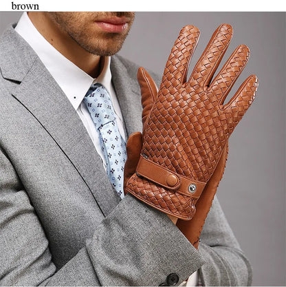 RY025NN 2025 New Spring/Winter Male Real Leather Short Gloves Man Suede Knitted Black/Brown Lambskin Cold Proof Mittens Mex Luva - ShoreCo.Shop