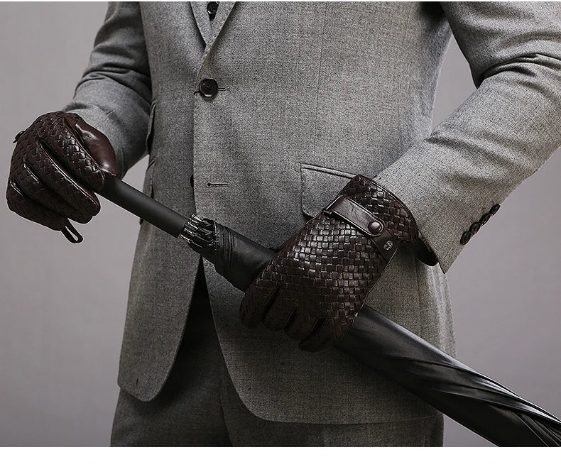 RY025NN 2025 New Spring/Winter Male Real Leather Short Gloves Man Suede Knitted Black/Brown Lambskin Cold Proof Mittens Mex Luva - ShoreCo.Shop