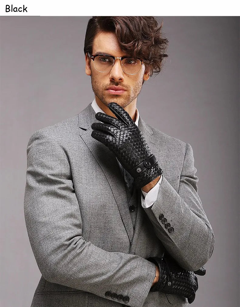 RY025NN 2025 New Spring/Winter Male Real Leather Short Gloves Man Suede Knitted Black/Brown Lambskin Cold Proof Mittens Mex Luva - ShoreCo.Shop
