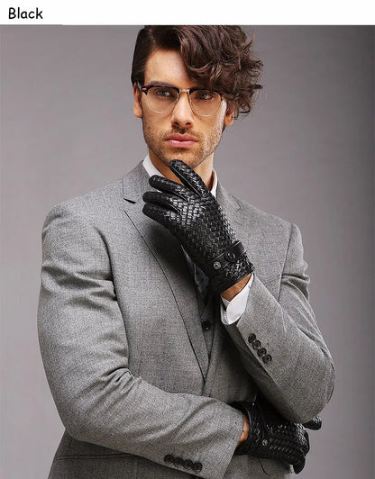 RY025NN 2025 New Spring/Winter Male Real Leather Short Gloves Man Suede Knitted Black/Brown Lambskin Cold Proof Mittens Mex Luva - ShoreCo.Shop
