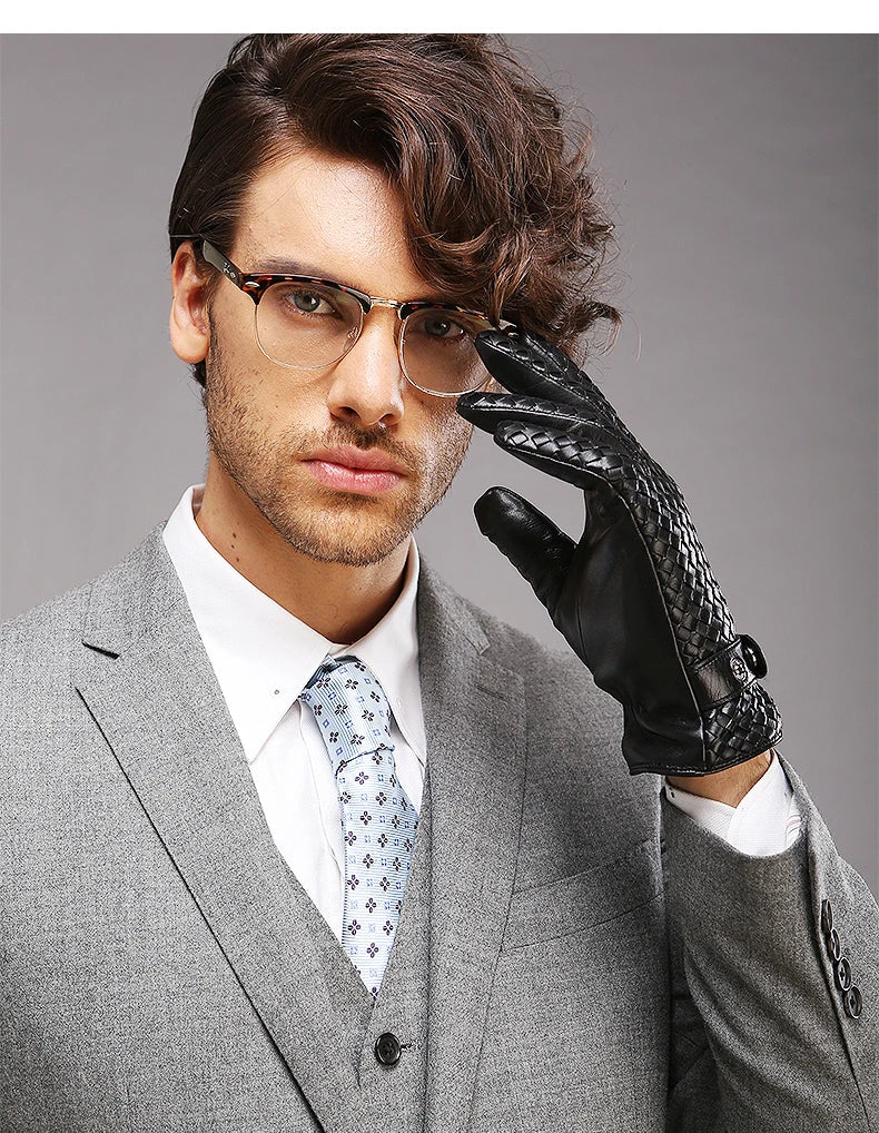 RY025NN 2025 New Spring/Winter Male Real Leather Short Gloves Man Suede Knitted Black/Brown Lambskin Cold Proof Mittens Mex Luva - ShoreCo.Shop
