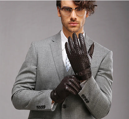 RY025NN 2025 New Spring/Winter Male Real Leather Short Gloves Man Suede Knitted Black/Brown Lambskin Cold Proof Mittens Mex Luva - ShoreCo.Shop
