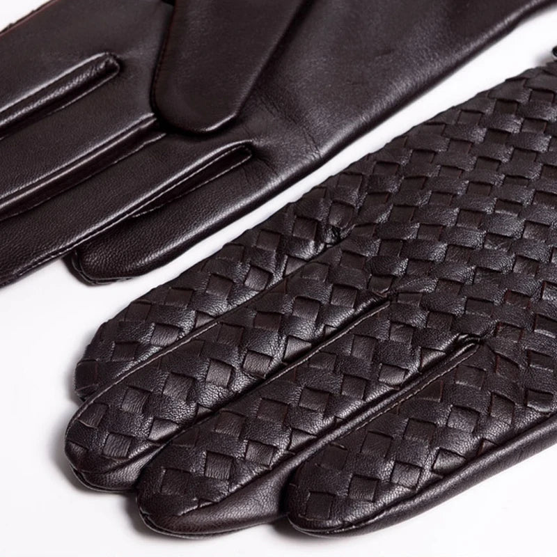 RY025NN 2025 New Spring/Winter Male Real Leather Short Gloves Man Suede Knitted Black/Brown Lambskin Cold Proof Mittens Mex Luva - ShoreCo.Shop