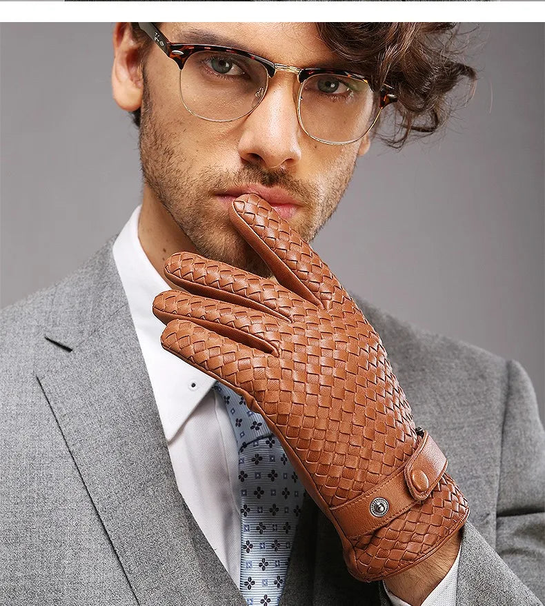 RY025NN 2025 New Spring/Winter Male Real Leather Short Gloves Man Suede Knitted Black/Brown Lambskin Cold Proof Mittens Mex Luva - ShoreCo.Shop