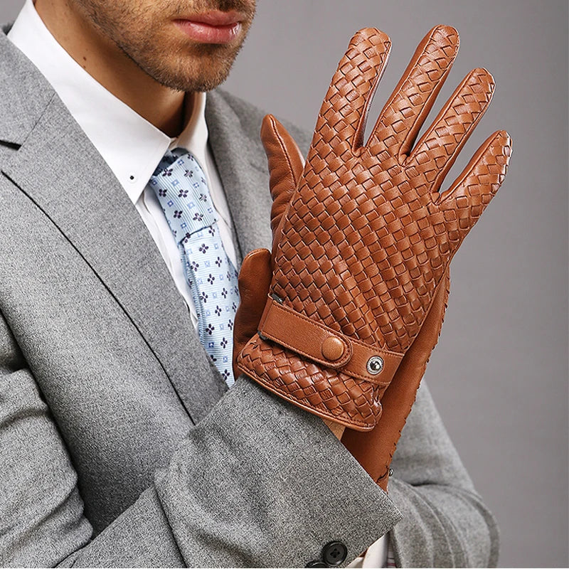 RY025NN 2025 New Spring/Winter Male Real Leather Short Gloves Man Suede Knitted Black/Brown Lambskin Cold Proof Mittens Mex Luva - ShoreCo.Shop