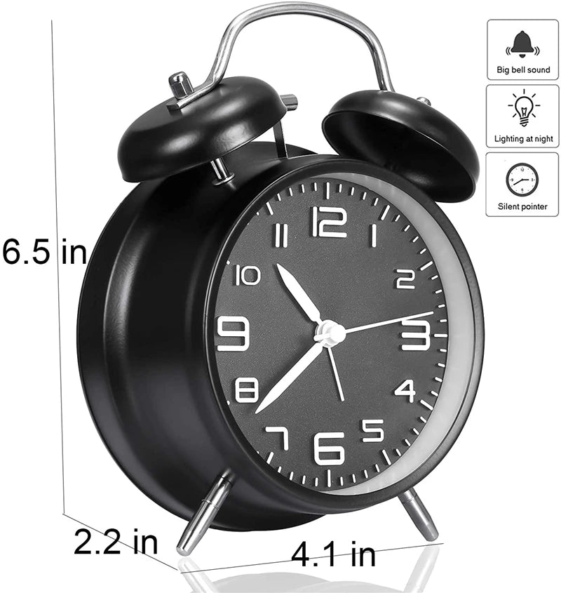4 Inch Twin Bell Loud Alarm Clock Metal Frame 3D Dial with Backlight Battery Operate Desk Table Alarm Clock For Home and Office    Home Decor Supply | Online Retail | ShoreShopper.com