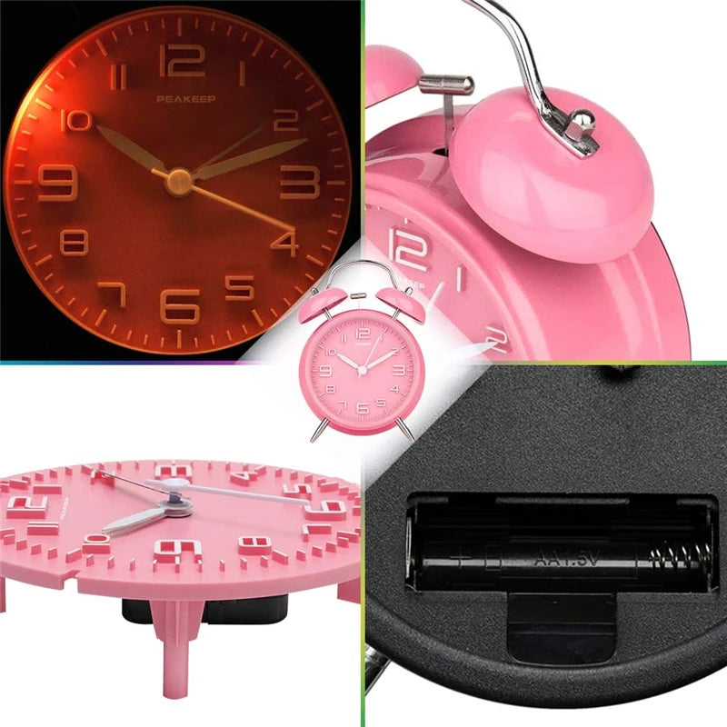 4 Inch Twin Bell Loud Alarm Clock Metal Frame 3D Dial with Backlight Battery Operate Desk Table Alarm Clock For Home and Office    Home Decor Supply | Online Retail | ShoreShopper.com