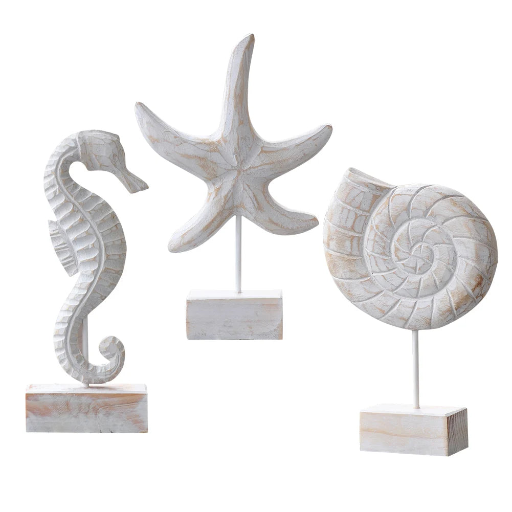 Mediterranean Style Wood Crafts Starfish Conch Hippocampus Wood Carving Marine Garden Decoration Ornaments Home Decoration - ShoreCo.Shop