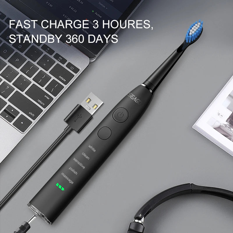 Seago Electric Sonic Toothbrush USB Rechargeable Adult 360 Days Long Battery Life IPX7 4 Replacement Heads Travel Box  SG-575 - ShoreCo.Shop