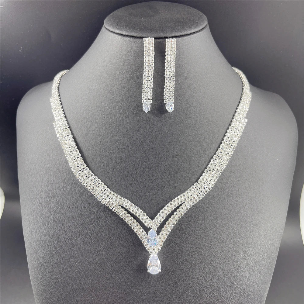 Fashion Crystal Bridal Jewelry Sets Silver Color Geometric Choker Necklace Earrings Bracelet Ring Four-piece Wedding Jewelry Set    Home Decor Supply | Online Retail | ShoreShopper.com