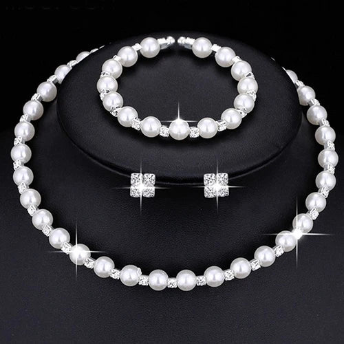 Wedding Bridal Jewelry Set String of Pearls Prom Silver Color Crystal Bracelet Necklace Earrings for Women jewellery sets    Home Decor Supply | Online Retail | ShoreShopper.com
