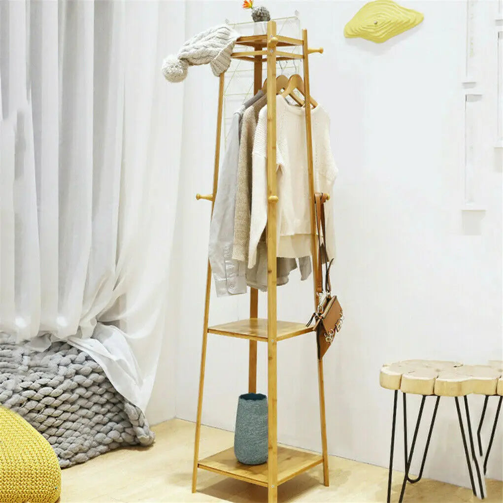 Bamboo Coat Rack Free Standing 2-Shelves Clothing Storage Garment Organizer Stand with 8 Hooks Clothes Poles 55kg Load-bearing f    Home Decor Supply | Online Retail | ShoreShopper.com