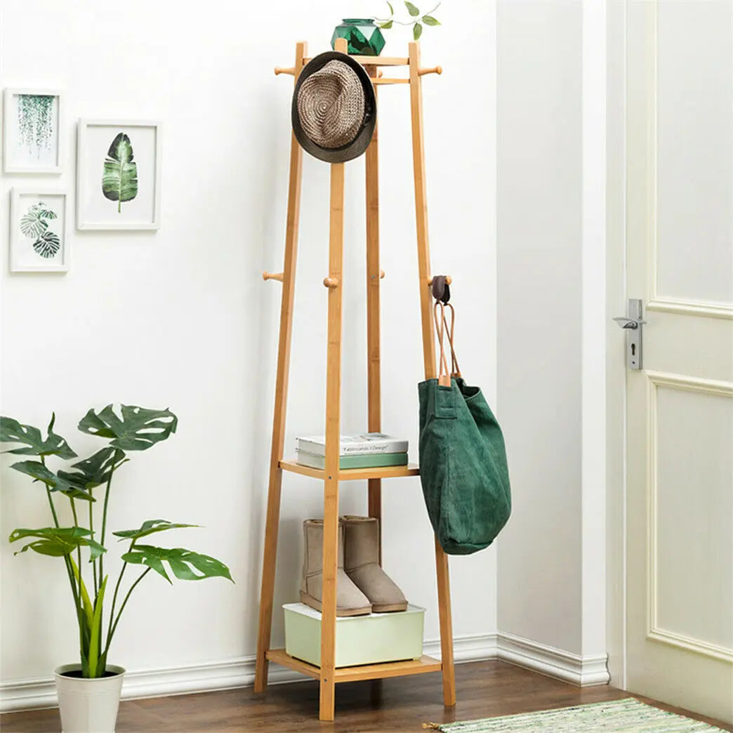 Bamboo Coat Rack Free Standing 2-Shelves Clothing Storage Garment Organizer Stand with 8 Hooks Clothes Poles 55kg Load-bearing f    Home Decor Supply | Online Retail | ShoreShopper.com