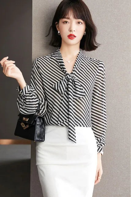 Striped Women's Shirt And Blouse Casual Youth Clothing Trend 2025 Novelty Streetwear Vintage Modern Long New V Neck Female Tops    Your Coastal Marketplace | Shoreshopper.com