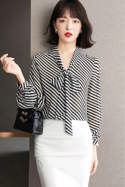 Striped Women's Shirt And Blouse Casual Youth Clothing Trend 2025 Novelty Streetwear Vintage Modern Long New V Neck Female Tops    Your Coastal Marketplace | Shoreshopper.com