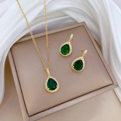 2pcs/set Jewelry Sets Women Elegant Waterdrop Green Rhinestone Pendant Necklace stud Earrings Wedding Dress Bridal Jewelry Set    Home Decor Supply | Online Retail | ShoreShopper.com
