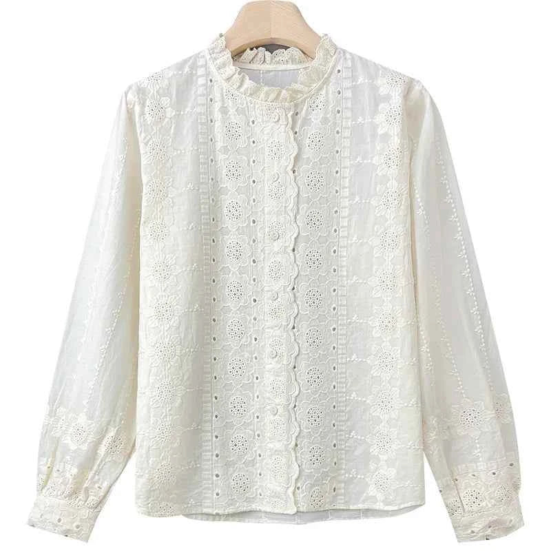 Women'S Shirt Spring Hollow Lace Ruffles O Neck Elegant Apricot Tops Long Sleeve Embroidered Cotton Shirt Vitnage Office Lady