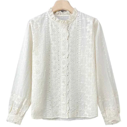 Women'S Shirt Spring Hollow Lace Ruffles O Neck Elegant Apricot Tops Long Sleeve Embroidered Cotton Shirt Vitnage Office Lady