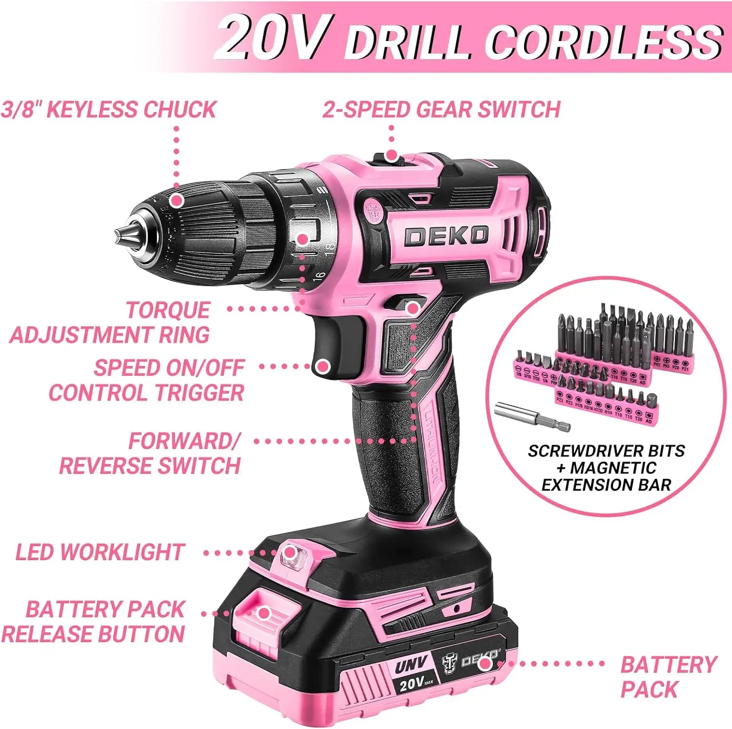 DEKO Pink Drill Tool Kit Set: 20V Cordless Power Drill Tool Box with Battery Electric Drill Driver    Home Decor Supply | Online Retail | ShoreShopper.com