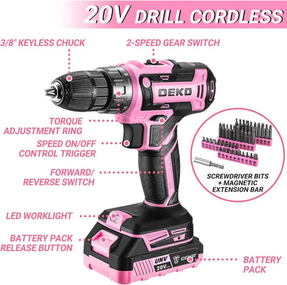 DEKO Pink Drill Tool Kit Set: 20V Cordless Power Drill Tool Box with Battery Electric Drill Driver    Home Decor Supply | Online Retail | ShoreShopper.com